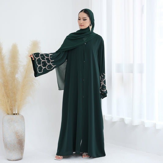 2026 Middle Eastern Solid Color Hand-Beaded Open Abaya Cardigan with Pockets – Modest Fashion