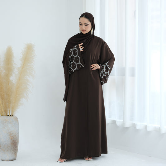 2026 Middle Eastern Solid Color Hand-Beaded Open Abaya Cardigan with Pockets – Modest Fashion